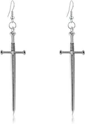 Unique Retro Gothic Long Sword Hook Earrings Vintage Silver Punk Style Knife Dangle Drop Earrings for Women Trendy Men Statement