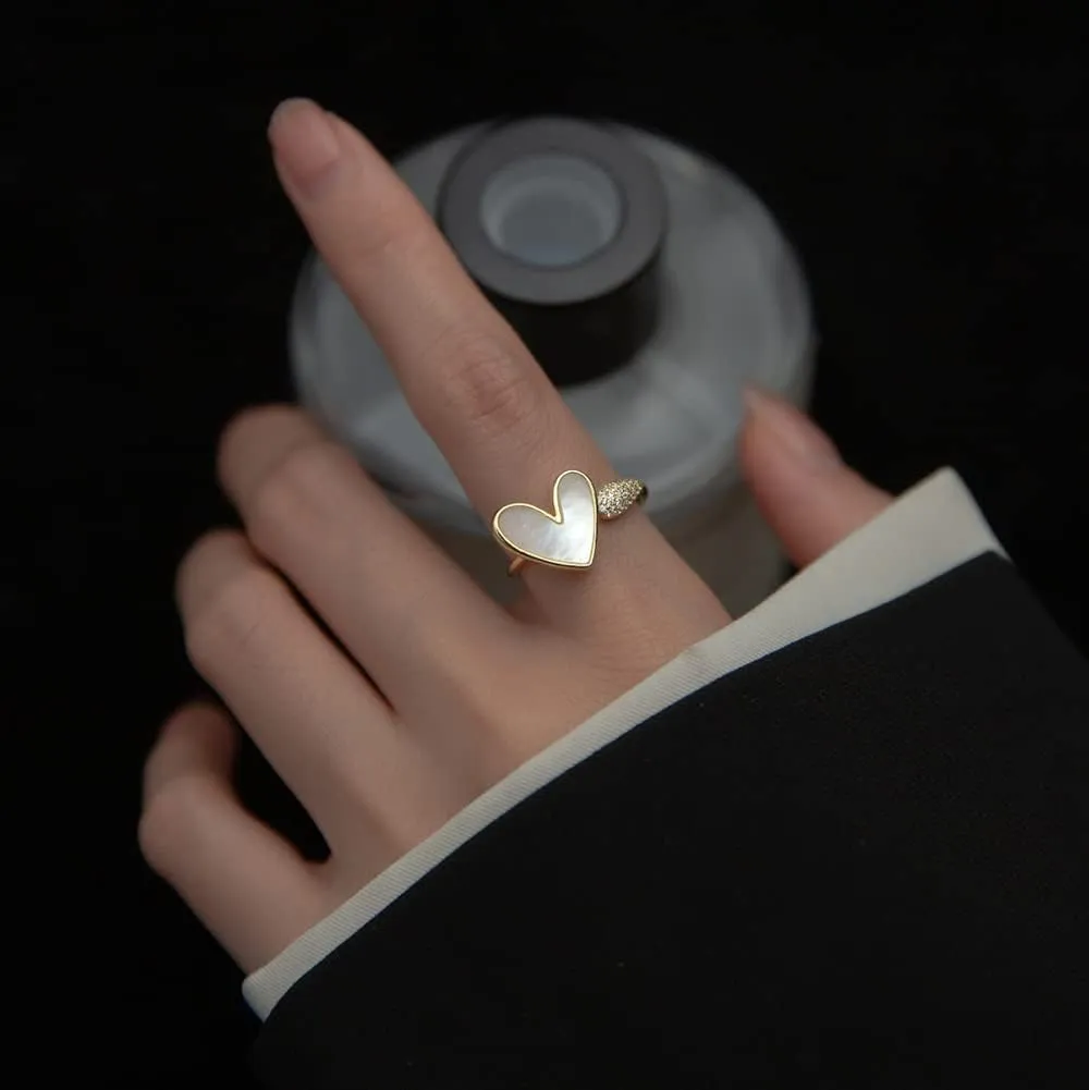 Unique Shell Heart Open Stacking Ring 925 Sterling Silver Crystal Cubic Zirconia Adjustable Expand Promise Love Endless Joint Thin Rings Dainty Statement Finger Bands Wedding Mother's Day Jewelry Gifts for Women Girls Daughter Bride