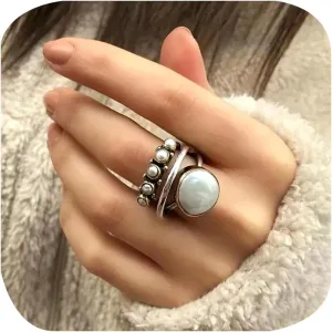 Unique Vintage 10 mm Simulated Pearl Ring for Women Fake 3-Piece Ring Set 3 Layer Interlocked Ring Entwined Line with Stacking Rings Wedding Band Statement Cocktail Index Finger Rings 9#