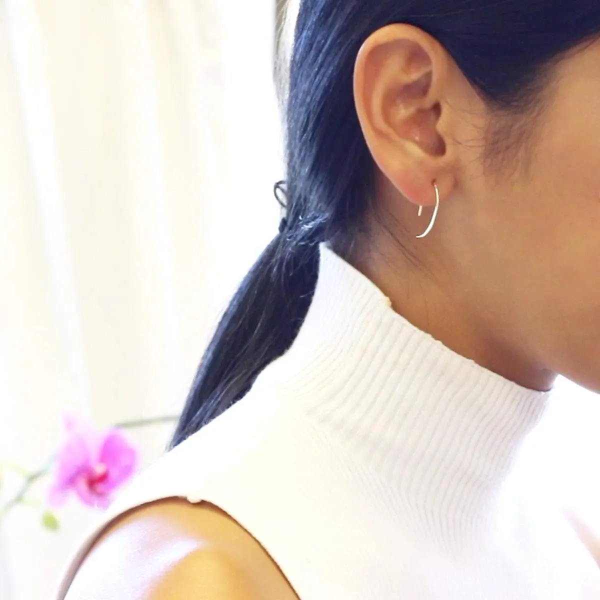 Upside Down Hoop Earrings - Hypoallergenic Lightweight Wire Needle Drop Dangle Threader Hoops for Women, Safe for Sensitive Ears - Plated in 925 Sterling Silver or 18k Gold