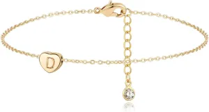 Valloey Rover Gold Ankle Bracelets for Women 14K Gold Anklets for Women Heart Initial Anklet Bracelets Cute Simple Personalized Dainty Boho Beach Foot Chain Jewelry Gift
