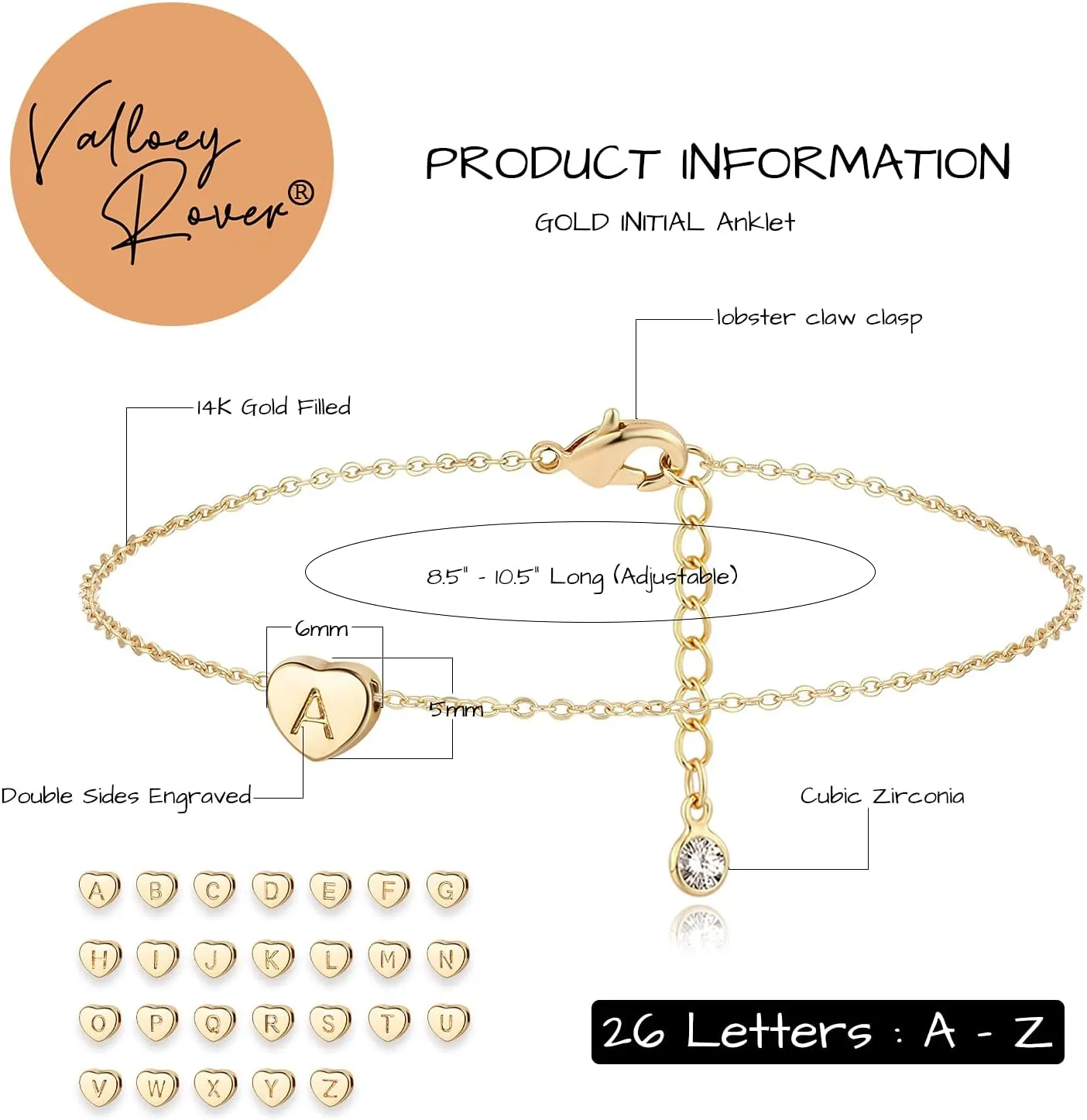 Valloey Rover Gold Ankle Bracelets for Women 14K Gold Anklets for Women Heart Initial Anklet Bracelets Cute Simple Personalized Dainty Boho Beach Foot Chain Jewelry Gift