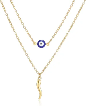 VASSAGO Evil Eye Necklace Italian Horn Pendant Necklace Layered Necklaces for Women Turkish Blue Eye Lucky Protection Jewelry Gift for Women Men