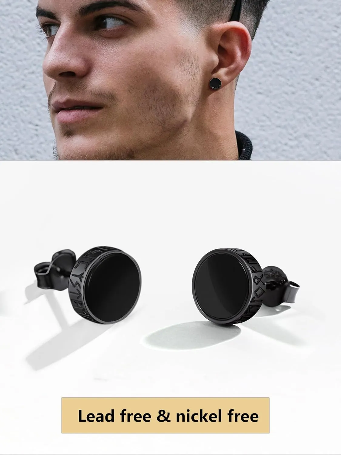 Viking Runes Hoop/Clip-on/Stud Earrings for Men Women Stainless Steel Hypoallergenic Earrings Amulet Protection Jewelry Gifts(with Box)