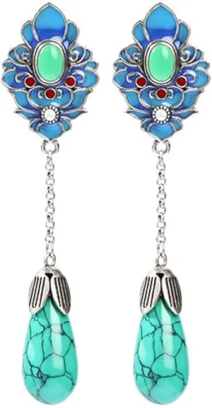 Vintage Chinese Style Earrings With Imitation Turquoise Jade and Silver Accents Long Needle Antique National Gift For Women, Mother, Wife