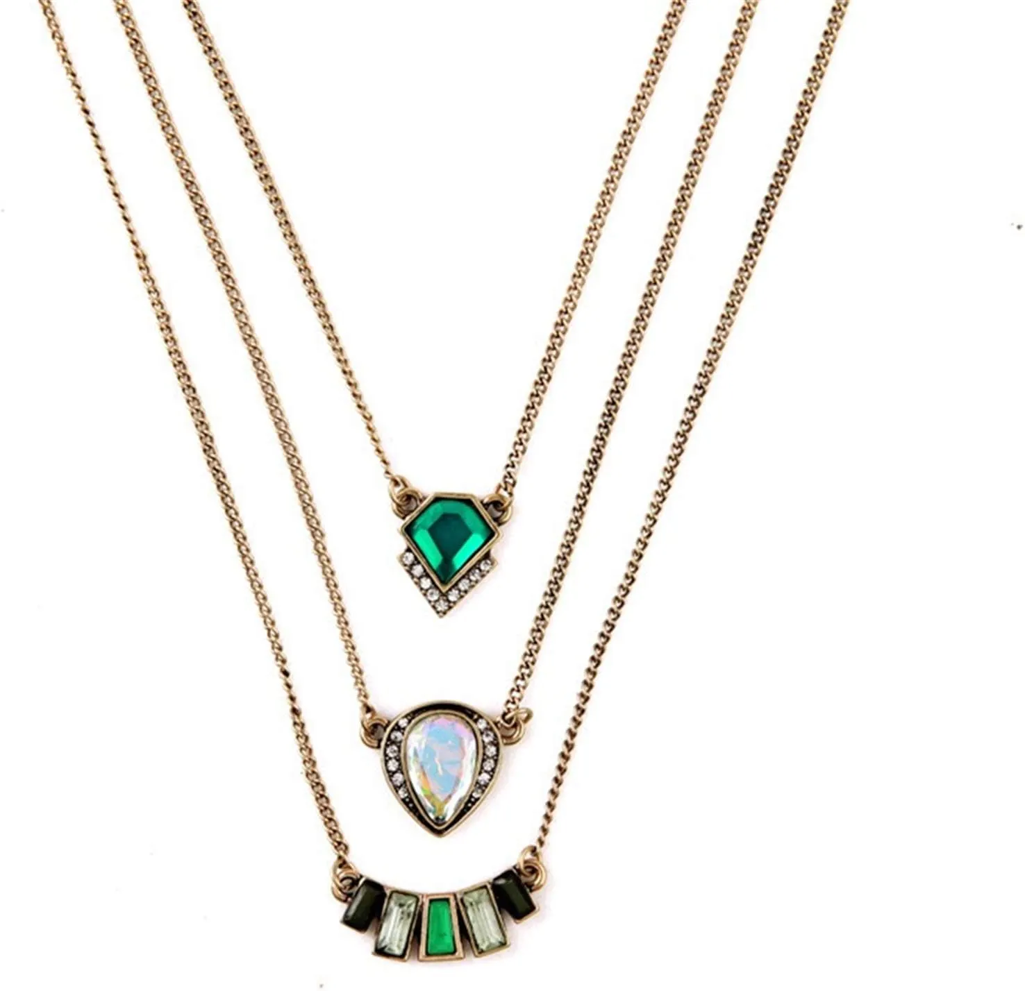 Vintage Emerald Layered Necklace, Boho Layered Cross Pendant Necklace Turquoise Gold Chain Necklace Adjustable Baroque Layered Necklaces Emerald Jewelry for Women