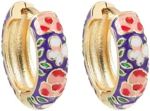 Vintage Enamel Flower Small Hoop Earrings, Retro Japanese Style Flowers Ear Clip-on for Women Delicate Jewelry Mother's Day Gift (E purple)