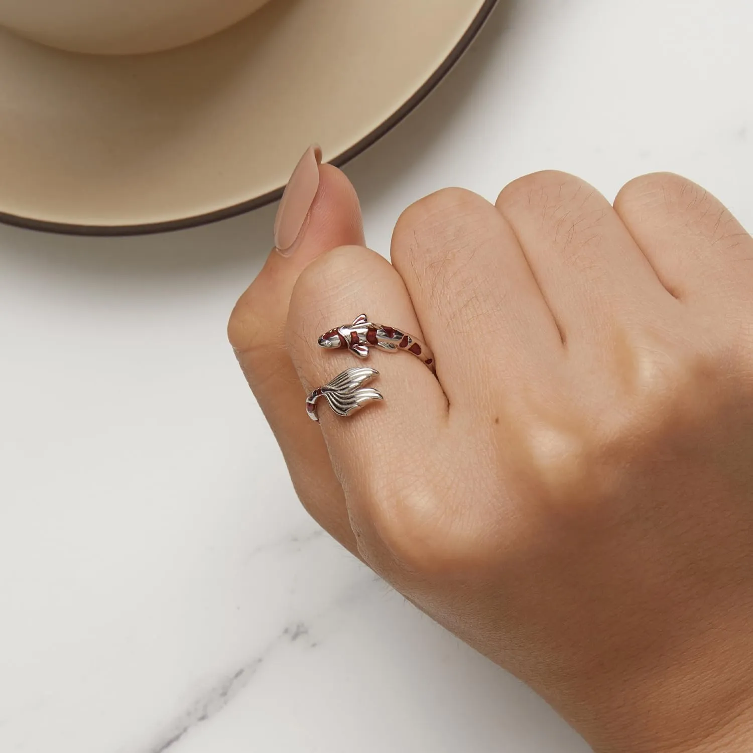 VOROCO Sterling Silver Adjustable Open Ring Trendy Elegant Unique Open Ring Cat paw print Sunflower Koi Fish Ring for Women Jewelry Gift