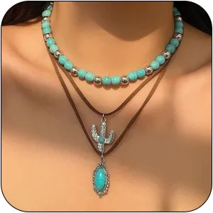 Western Necklace for Women Vintage Turquoise Beaded Westerns Jewelry for Womens Boho Ox-head Cactus Boots Hat Western Country Concert Outfits for Women Jewelry Gift