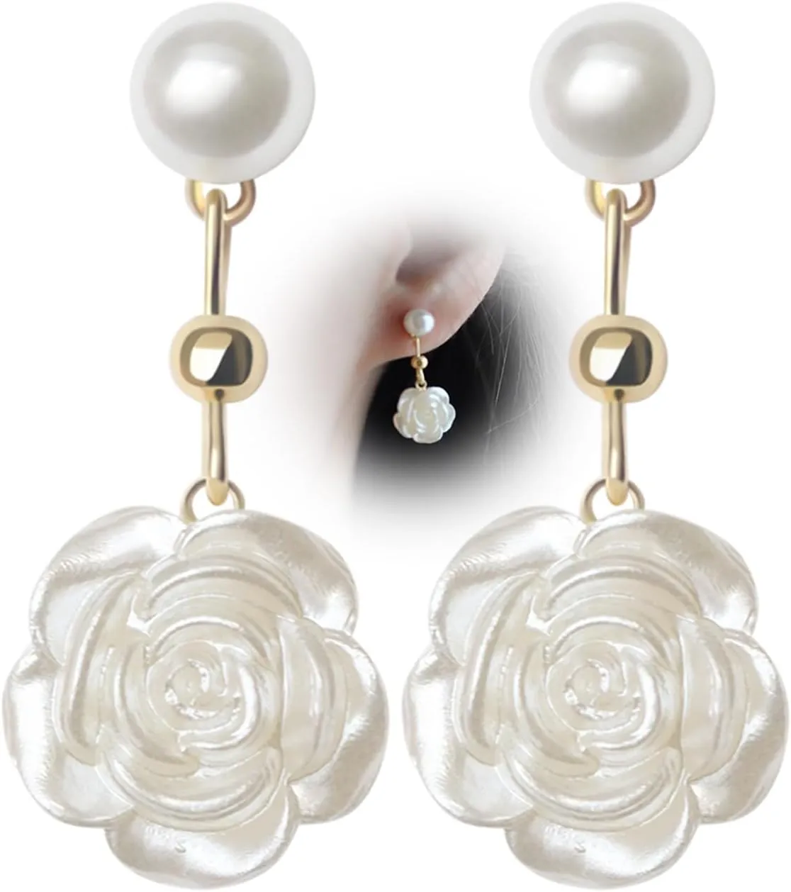 White Pearls Flowers Dangle Earrings for Women Fashion Gold Floral Dangling Earrings Cute Camellia Rose Wedding Prom Statement Jewelry Gifts