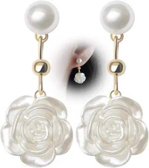 White Pearls Flowers Dangle Earrings for Women Fashion Gold Floral Dangling Earrings Cute Camellia Rose Wedding Prom Statement Jewelry Gifts