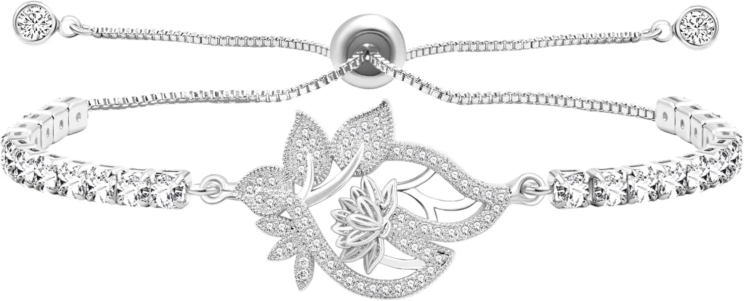 White/Gold/Rose Gold/Black Cubic Zirconia Lotus Blessing Tennis Bracelet for Women - Elegant Flower Charm Bracelets, Ideal for Christmas Birthday Gifts YA4802