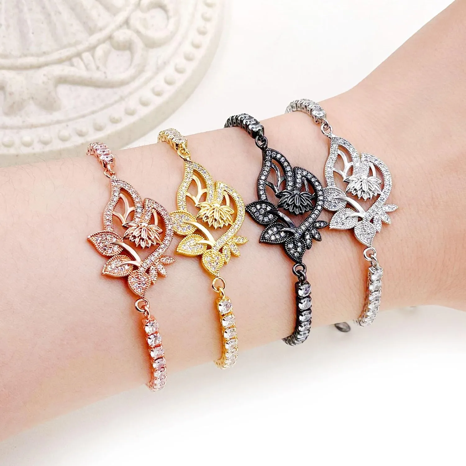 White/Gold/Rose Gold/Black Cubic Zirconia Lotus Blessing Tennis Bracelet for Women - Elegant Flower Charm Bracelets, Ideal for Christmas Birthday Gifts YA4802
