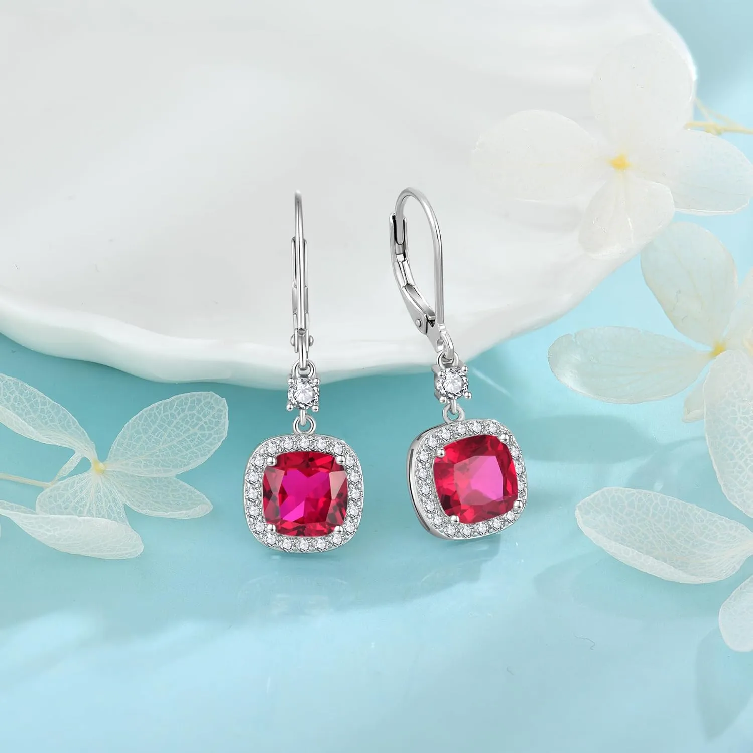 Women Leverback Earrings 925 Sterling Silver Princess Cut Halo Earrings Birthstone Dangle Drop Earrings for Women Her Mom Wife