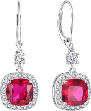 Women Leverback Earrings 925 Sterling Silver Princess Cut Halo Earrings Birthstone Dangle Drop Earrings for Women Her Mom Wife