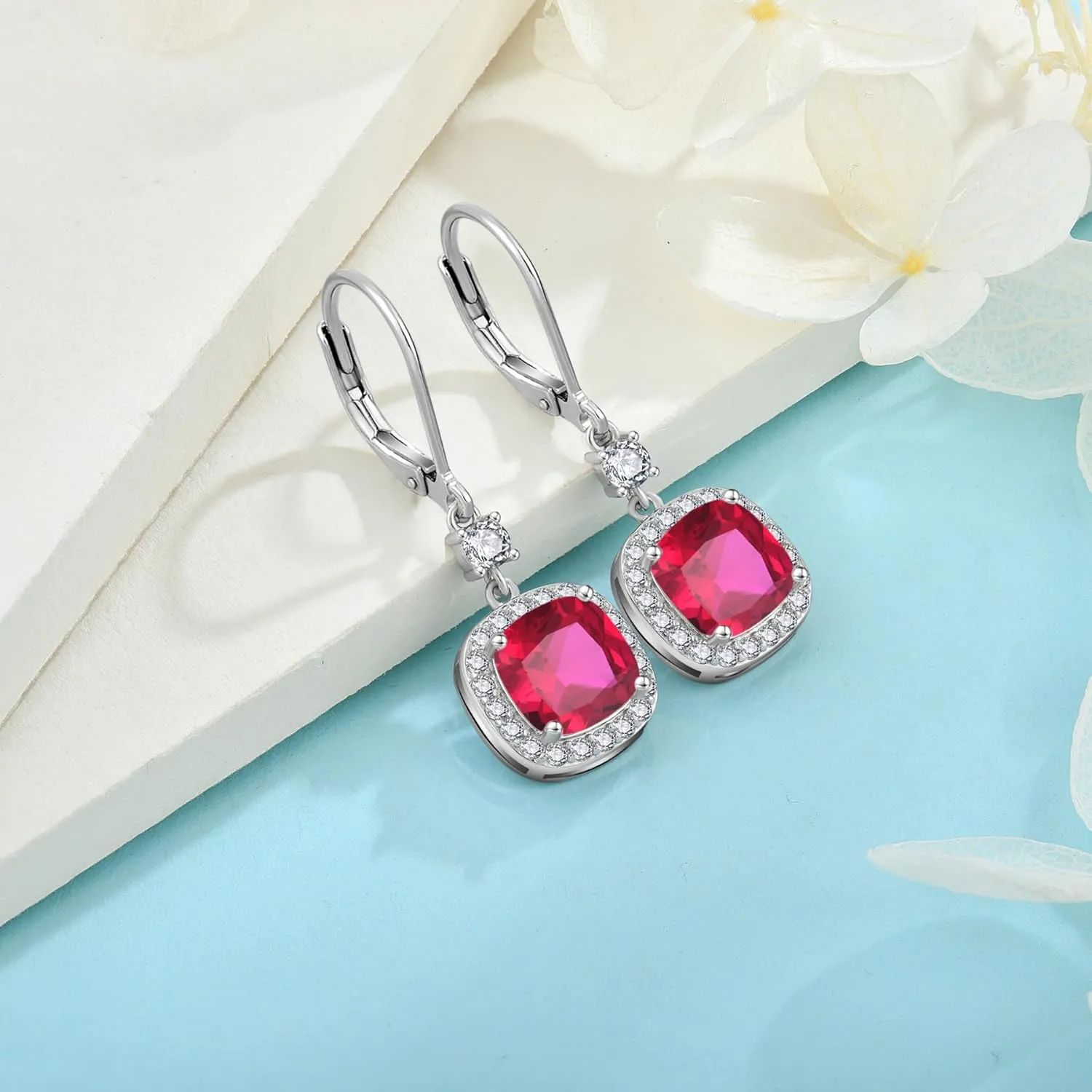 Women Leverback Earrings 925 Sterling Silver Princess Cut Halo Earrings Birthstone Dangle Drop Earrings for Women Her Mom Wife