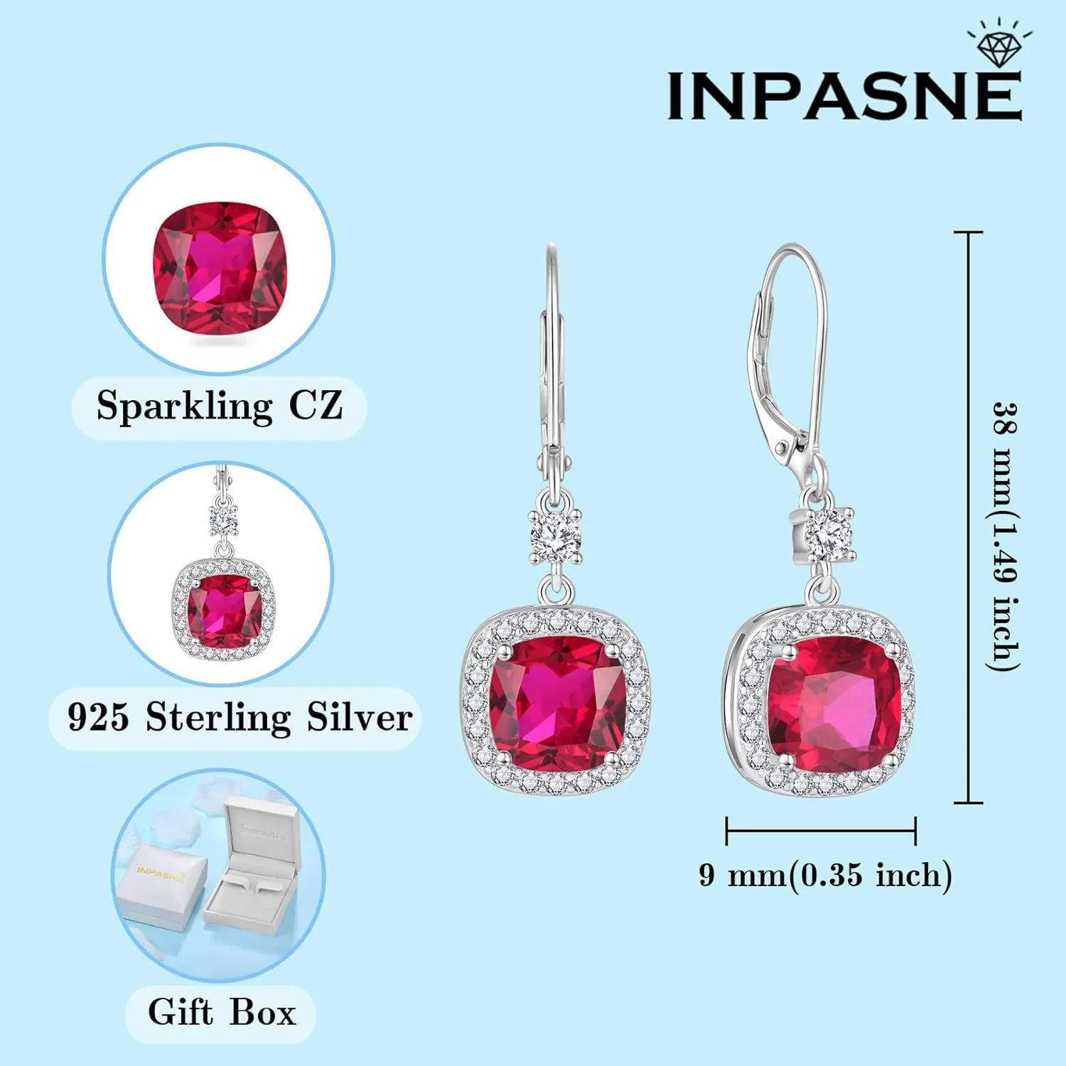 Women Leverback Earrings 925 Sterling Silver Princess Cut Halo Earrings Birthstone Dangle Drop Earrings for Women Her Mom Wife