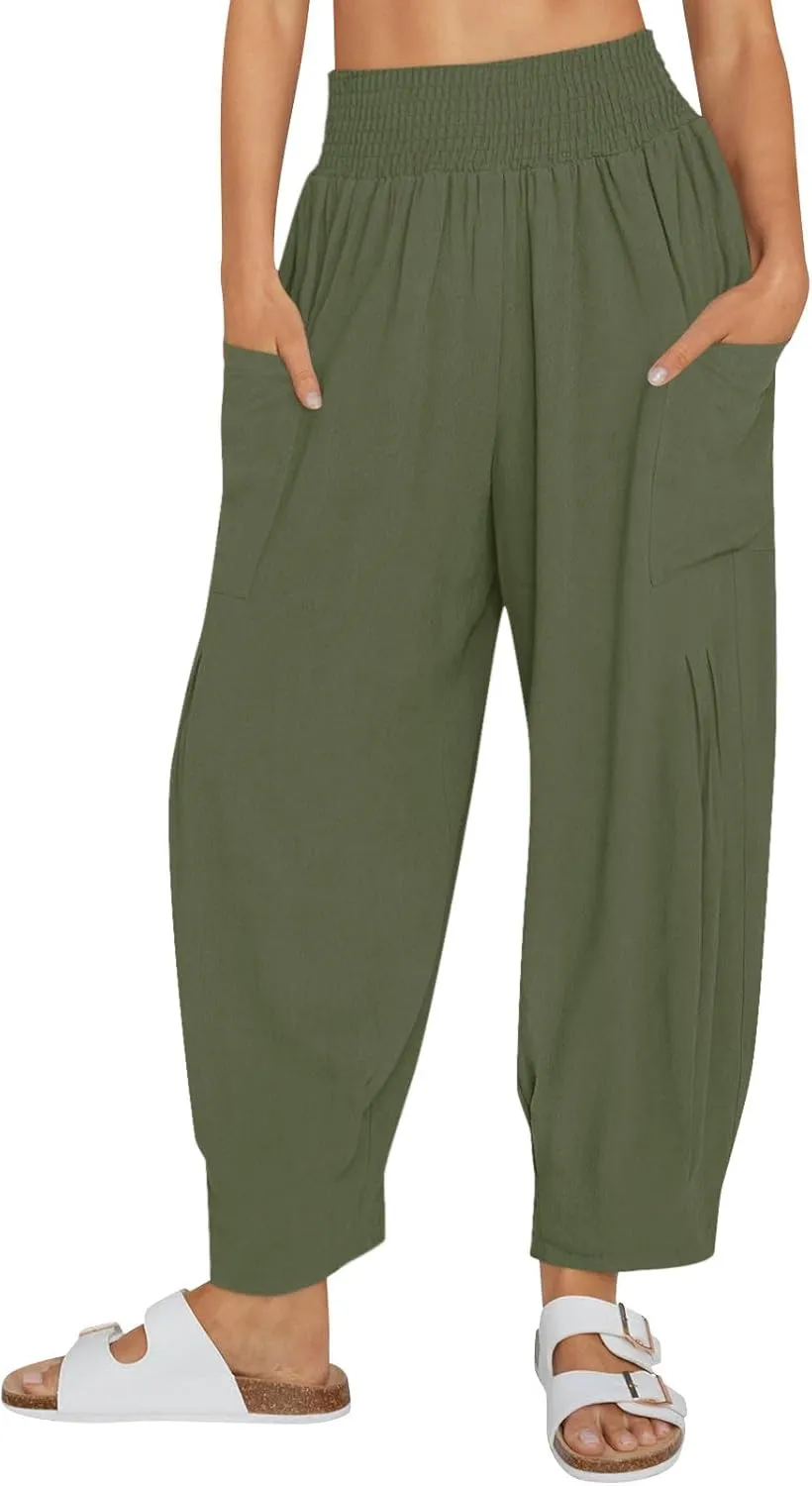 Women's Baggy Harem Pants Comfy Loose Summer Pants High Waisted Boho Beach Pants Trendy Travel Pants with Pockets