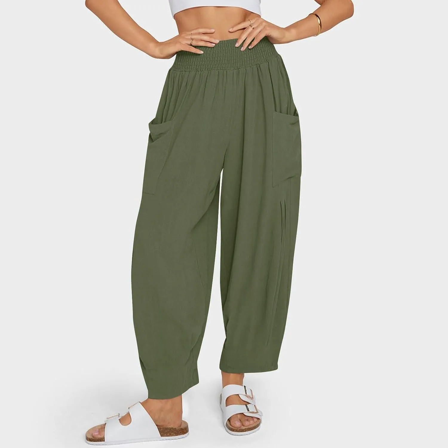 Women's Baggy Harem Pants Comfy Loose Summer Pants High Waisted Boho Beach Pants Trendy Travel Pants with Pockets