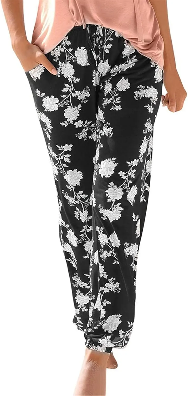 Women's Boho Pants,High Waist Printing Casual Trousers,Flowy Wide Leg Elastic Waist Beach Long Pants with Pockets