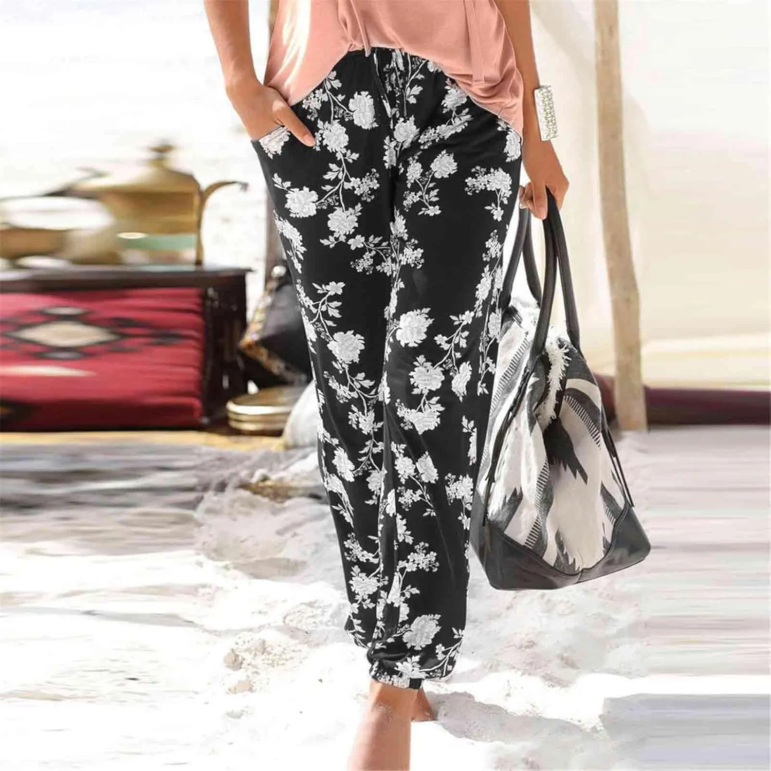 Women's Boho Pants,High Waist Printing Casual Trousers,Flowy Wide Leg Elastic Waist Beach Long Pants with Pockets