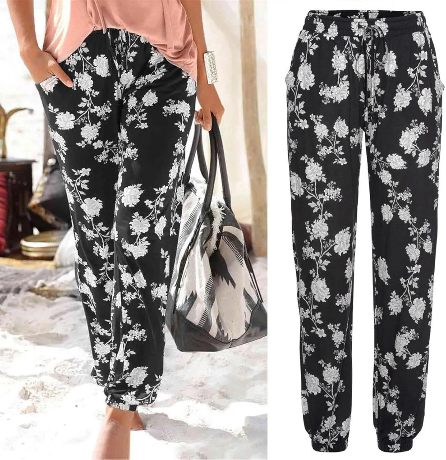 Women's Boho Pants,High Waist Printing Casual Trousers,Flowy Wide Leg Elastic Waist Beach Long Pants with Pockets