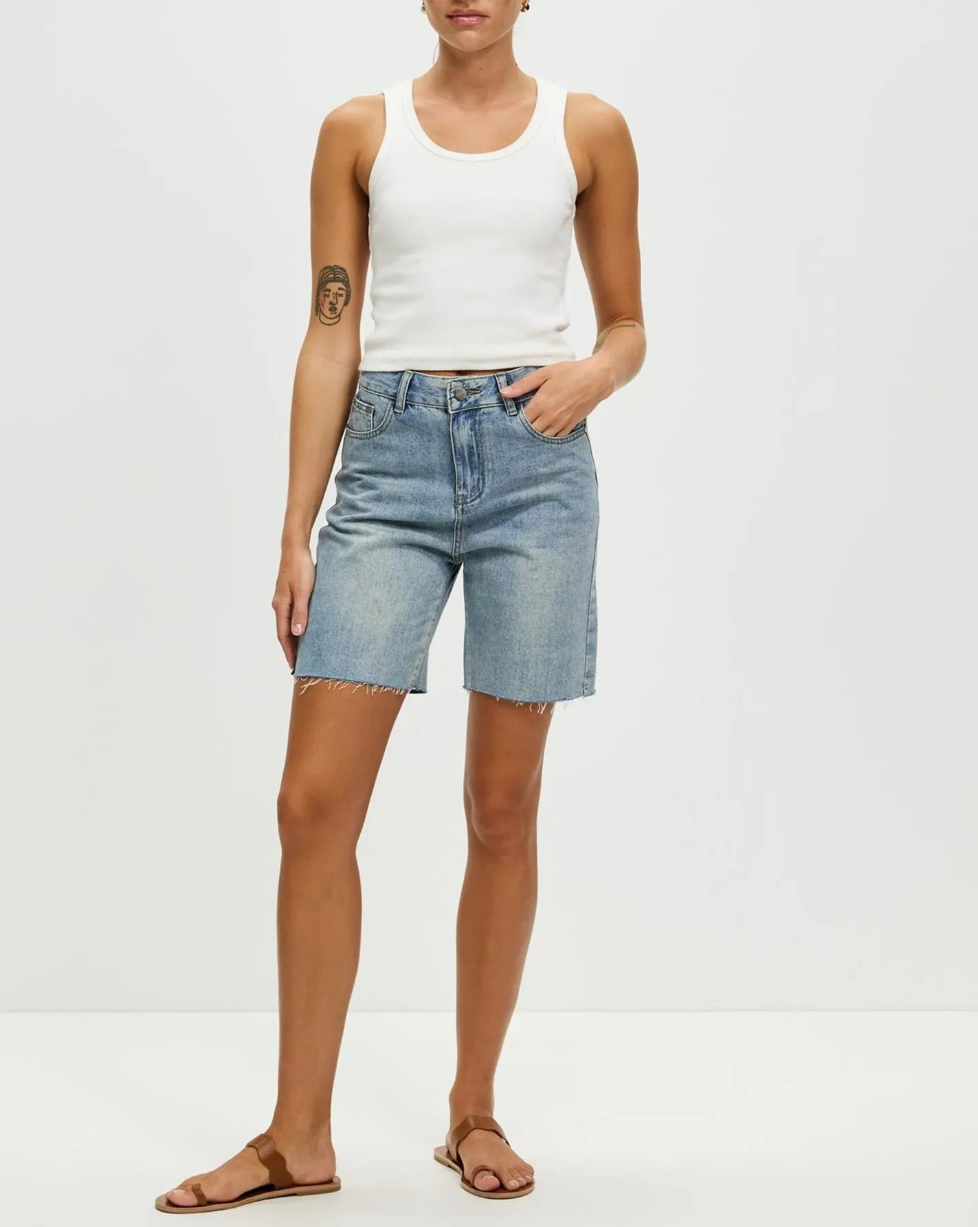 Women's High Waist Denim Shorts Straight Leg Raw Hem Jean Shorts Summer Hot Pants with Pockets - Olga Shorts