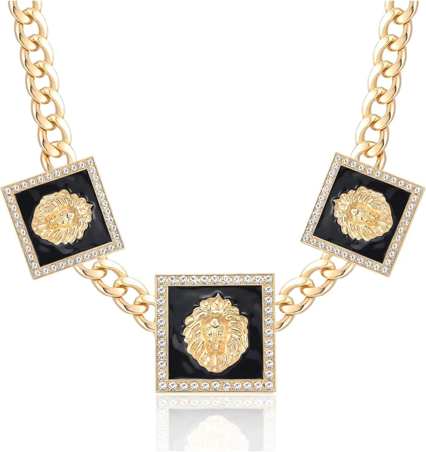 Women's Statement 3 Square Lion Heads Choker Chain Necklace Hip Hop Chunky Chain Crystal Necklaces Punk Party Costume Cocktail Animal Jewelry