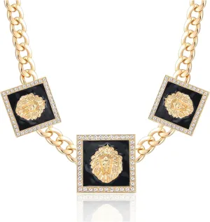 Women's Statement 3 Square Lion Heads Choker Chain Necklace Hip Hop Chunky Chain Crystal Necklaces Punk Party Costume Cocktail Animal Jewelry