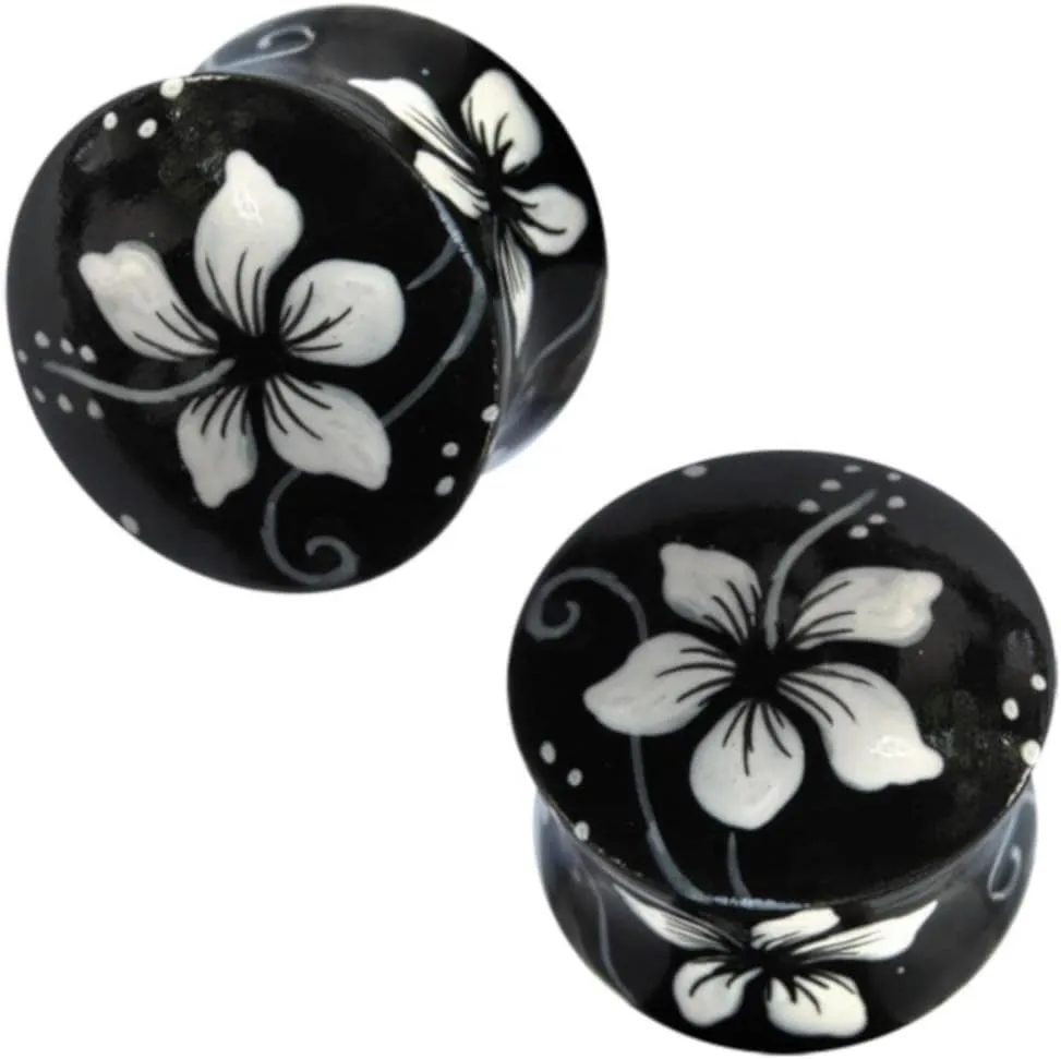 Wood Plug Hawaii Flower White Black Tunnel Organic Earrings Teak Stud Earrings