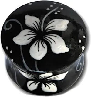 Wood Plug Hawaii Flower White Black Tunnel Organic Earrings Teak Stud Earrings