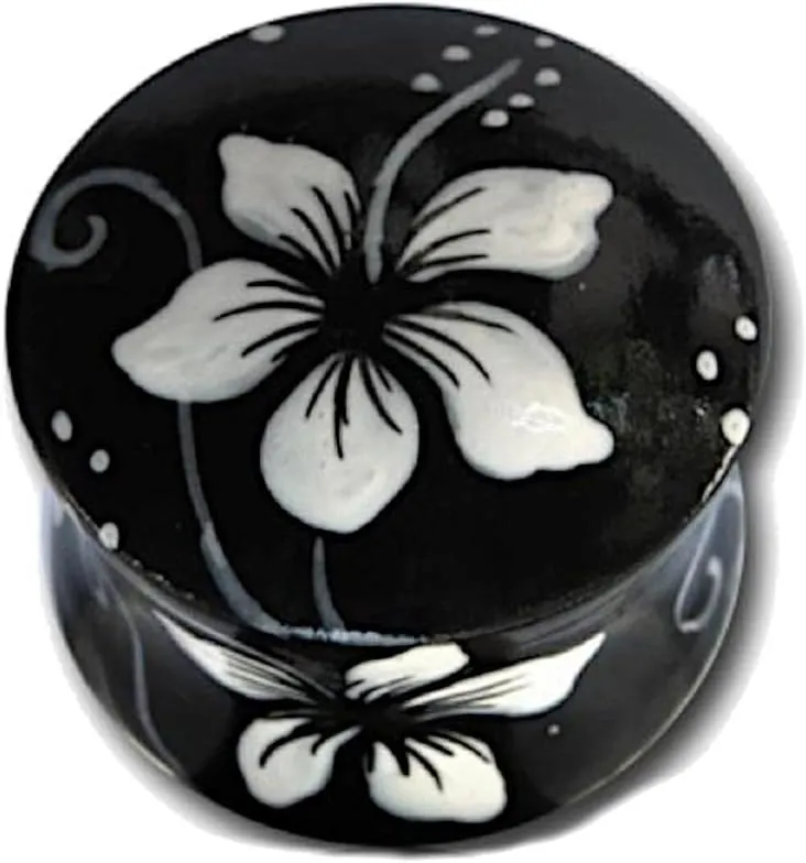 Wood Plug Hawaii Flower White Black Tunnel Organic Earrings Teak Stud Earrings
