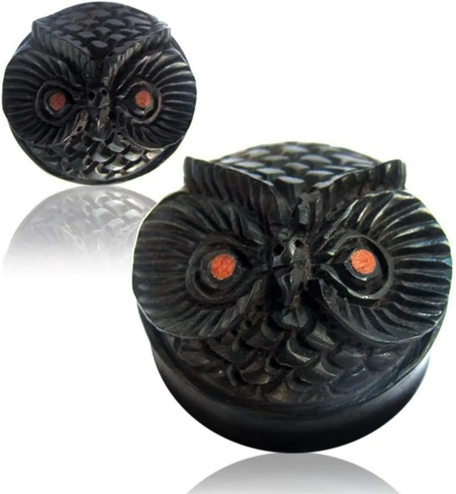 Wood Plug Owl Brown Black Hand-Carved Tunnels Organic Earrings Stud Earrings
