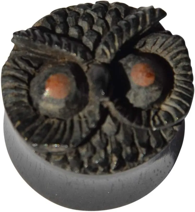 Wood Plug Owl Brown Black Hand-Carved Tunnels Organic Earrings Stud Earrings