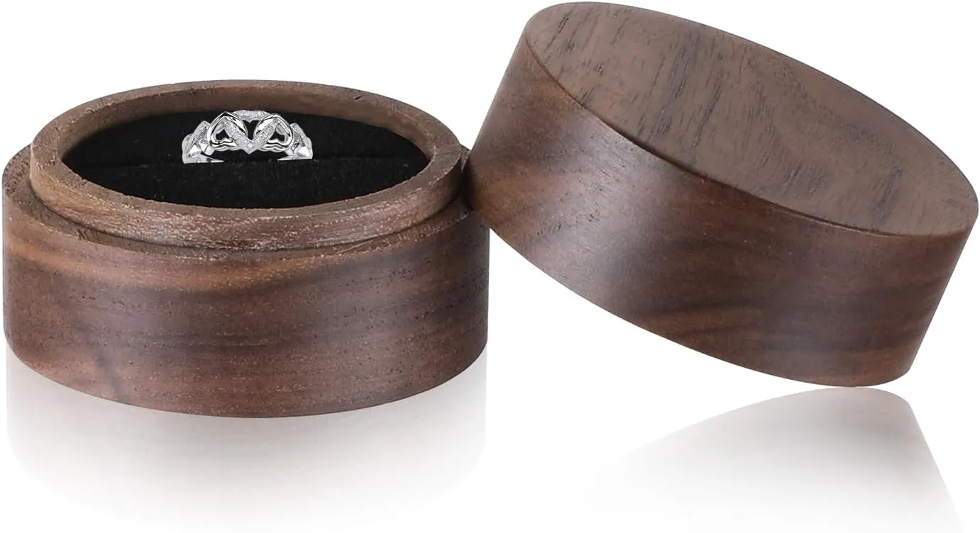 Wooden Ring Box, 2 Inch Ring Bearer Box Round Rings Holder for Men Women Mini Unique Rings Jewelry Storage Case for Proposal Wedding Engagement Ceremony Anniversary