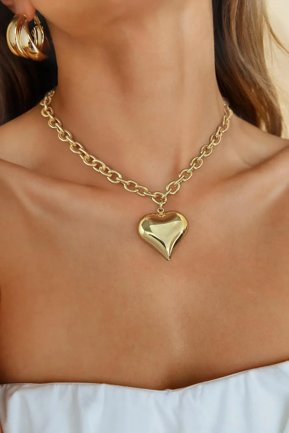 WOWORAMA Gold Chunky Chain Necklace for Women Puffy Heart Pendant Necklace White Gold Thick Chunky Chain Link Necklaces Heart Coin Choker Necklace