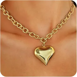 WOWORAMA Gold Chunky Chain Necklace for Women Puffy Heart Pendant Necklace White Gold Thick Chunky Chain Link Necklaces Heart Coin Choker Necklace