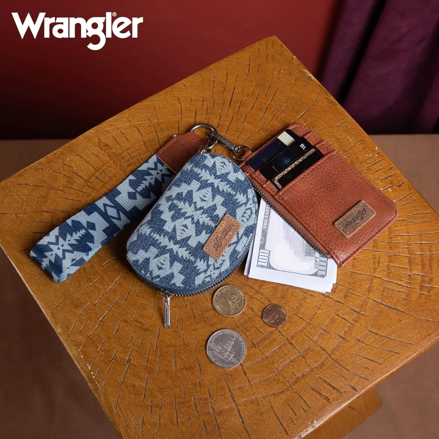 Wrangler Aztec Keychain Wristlet Wallets for Women Western Dual Pouch Wristlet Credit Card Holder Wallet with Zipper Pocket WG2212-W0051JN