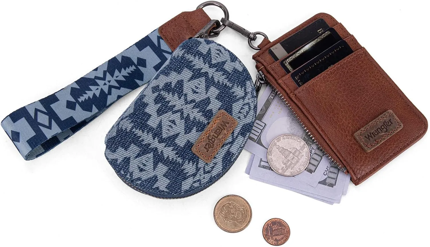 Wrangler Aztec Keychain Wristlet Wallets for Women Western Dual Pouch Wristlet Credit Card Holder Wallet with Zipper Pocket WG2212-W0051JN