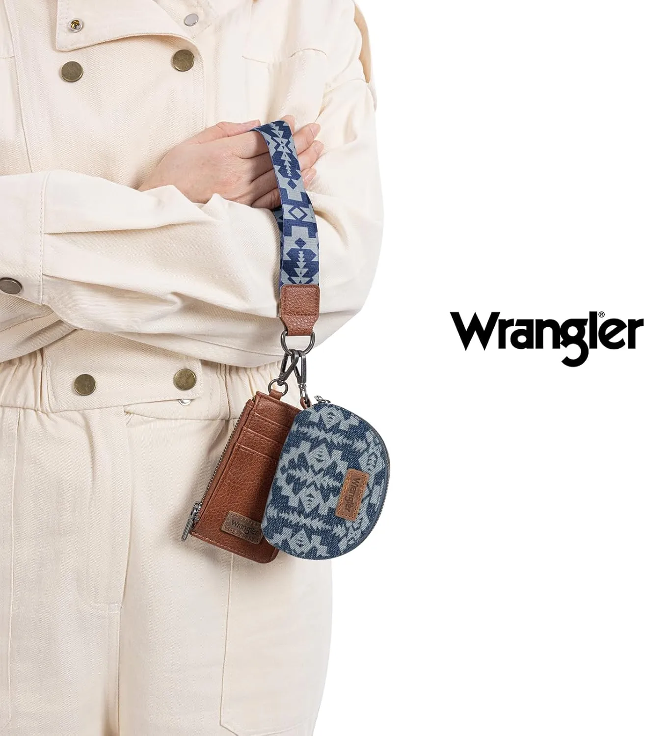 Wrangler Aztec Keychain Wristlet Wallets for Women Western Dual Pouch Wristlet Credit Card Holder Wallet with Zipper Pocket WG2212-W0051JN