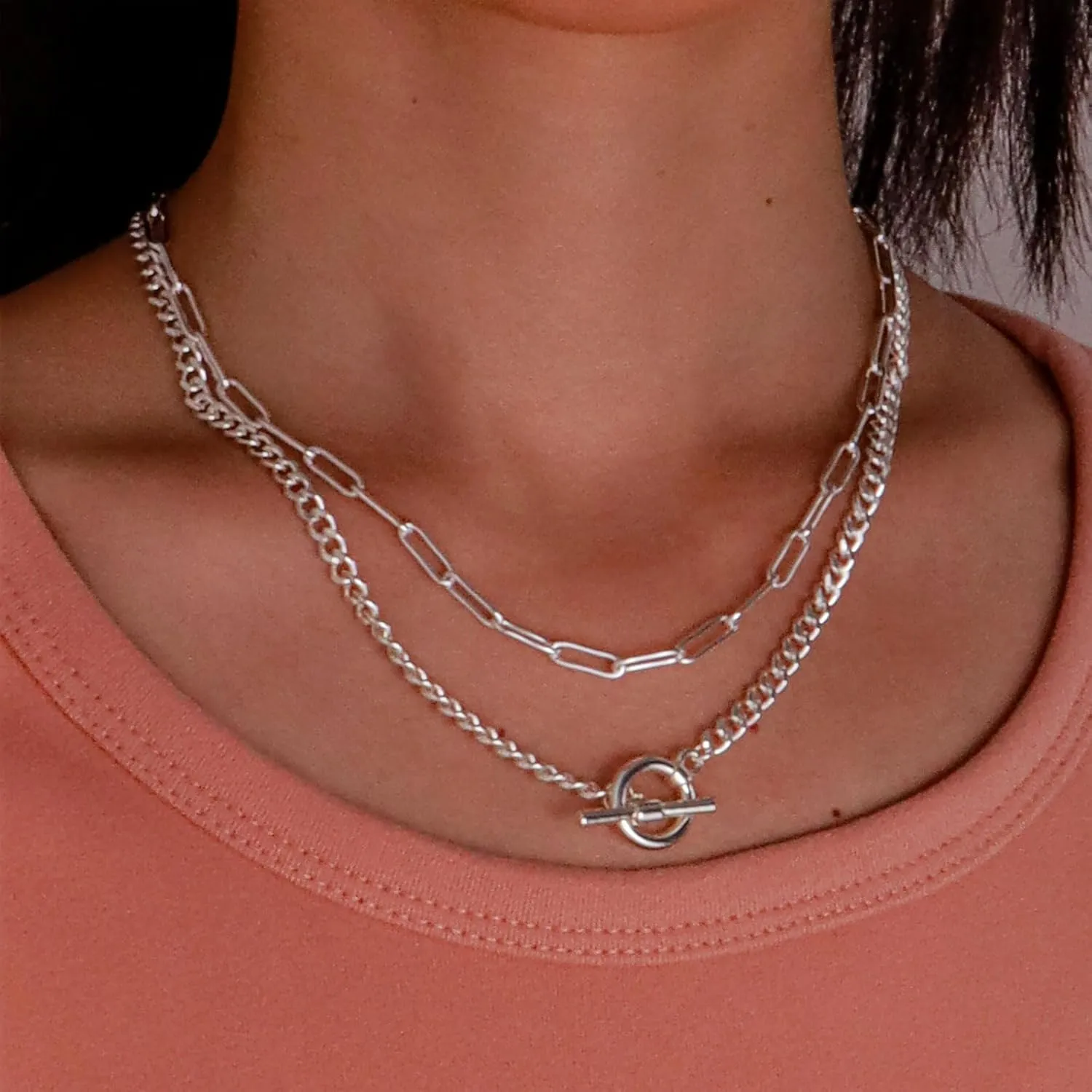 YANCHUN Layered Silver Necklaces for Women Trendy Dainty Silver Necklace Set Silver Paperclip Chain Necklace Women Ot Clasp Pendant Necklace