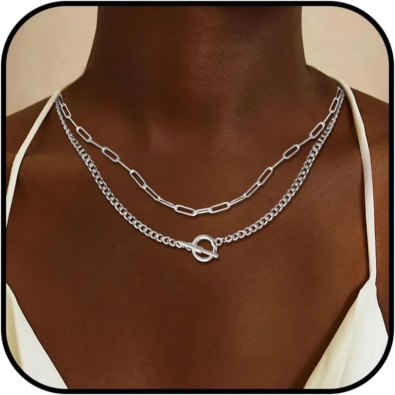 YANCHUN Layered Silver Necklaces for Women Trendy Dainty Silver Necklace Set Silver Paperclip Chain Necklace Women Ot Clasp Pendant Necklace