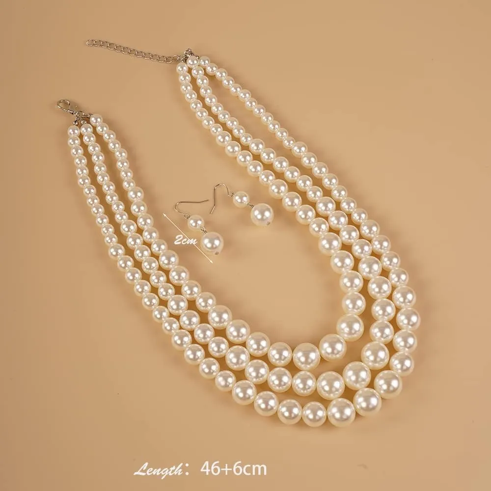 YERTTER Vintage 1920s Large Collar Choker Necklace & Earring Set - Simulated Pearl Statement & Multi Strand Chunky Pearls Costume Jewelry for Wedding or Special Occasion