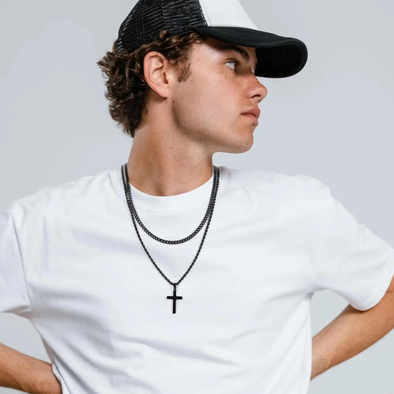 Yooblue Cross Necklace for Men, Gold Black Silver Mens Cross Necklaces Stainless Steel Cross Pendant Necklace Simple Jewelry Gifts Cross Chain Necklace for Men