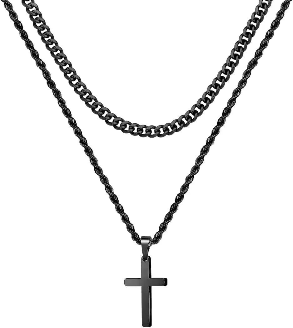 Yooblue Cross Necklace for Men, Gold Black Silver Mens Cross Necklaces Stainless Steel Cross Pendant Necklace Simple Jewelry Gifts Cross Chain Necklace for Men