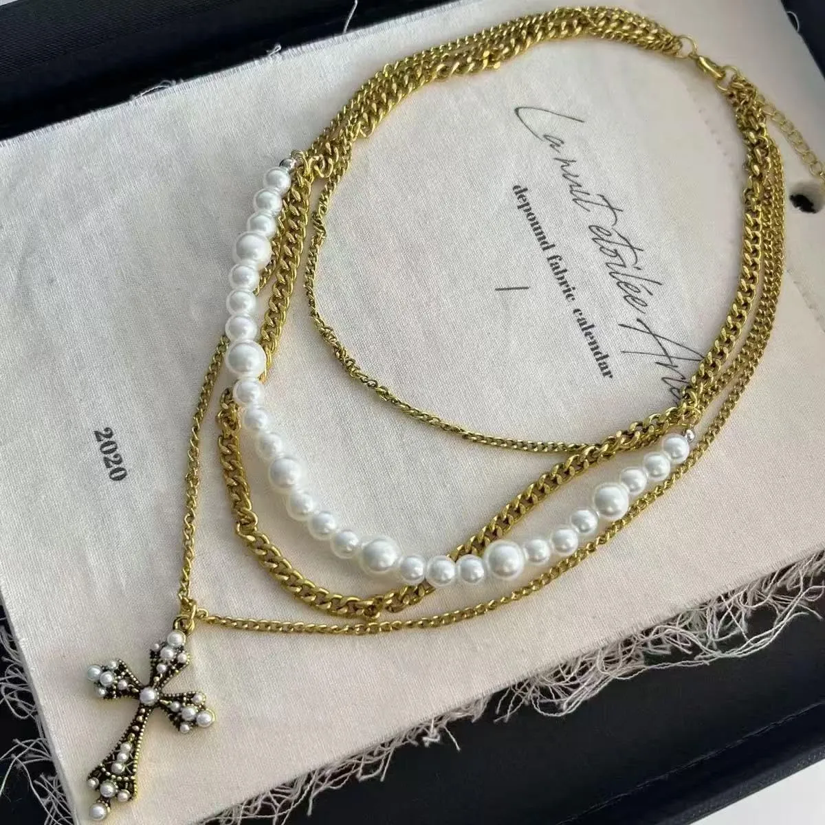 Yuoos Pearl Layered Necklaces for Women Stackable Dainty Vintage Cross Pendent Necklace Trendy Layering Choker for Women