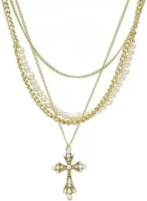 Yuoos Pearl Layered Necklaces for Women Stackable Dainty Vintage Cross Pendent Necklace Trendy Layering Choker for Women