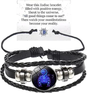 Zodiac Signs Spirit Bracelet Multilayer 12 Constellation Bracelet for Women Men Handmade Woven Zodiac Leather Bracelets Adjustable Glow in the Dark Zodiac Cuff Bangles for Constellation Lover