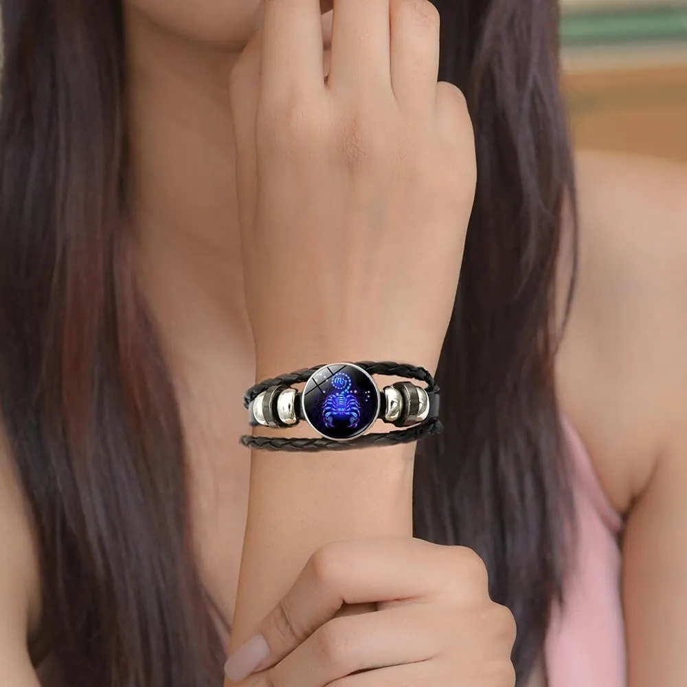 Zodiac Signs Spirit Bracelet Multilayer 12 Constellation Bracelet for Women Men Handmade Woven Zodiac Leather Bracelets Adjustable Glow in the Dark Zodiac Cuff Bangles for Constellation Lover