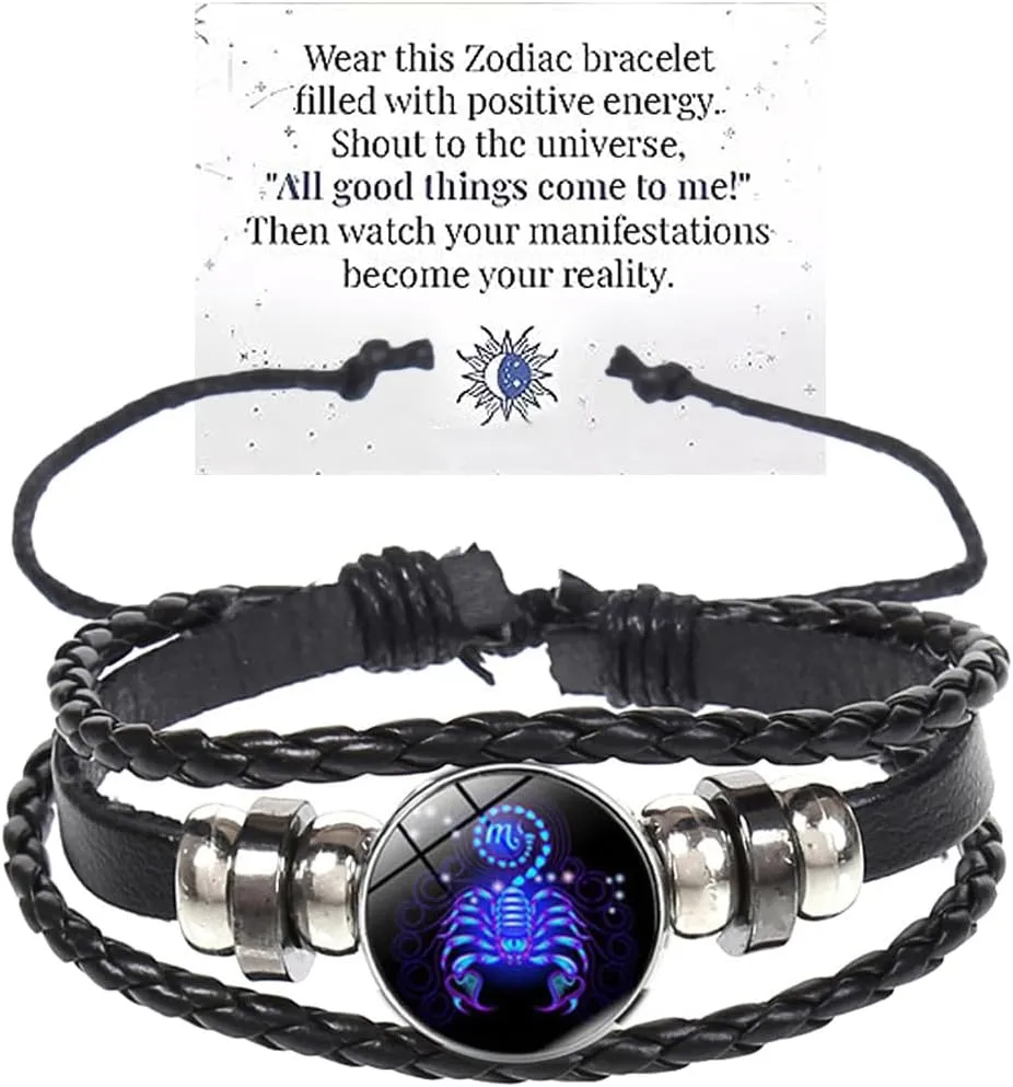 Zodiac Signs Spirit Bracelet Multilayer 12 Constellation Bracelet for Women Men Handmade Woven Zodiac Leather Bracelets Adjustable Glow in the Dark Zodiac Cuff Bangles for Constellation Lover